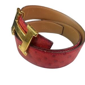HERMES OSTRICH Gold H Buckle Red Leather Belt